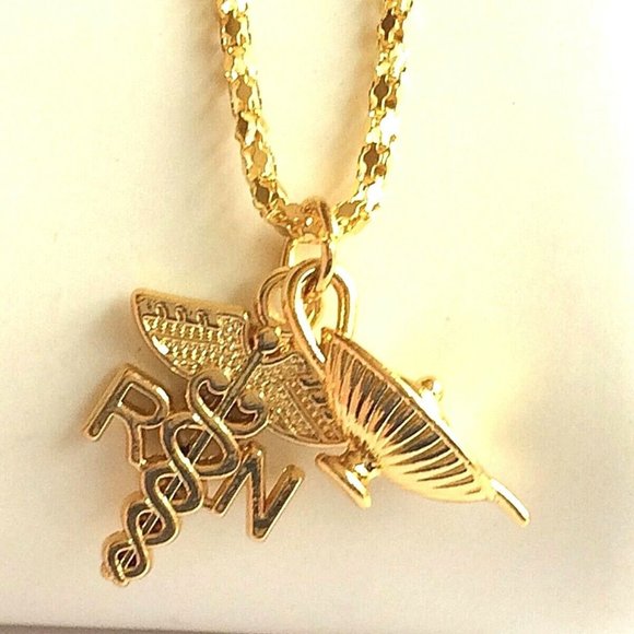 Florence Nightingale Lamp Nursing Caduceus Necklace Graduation Gift RN Gold Tone - Picture 5 of 10